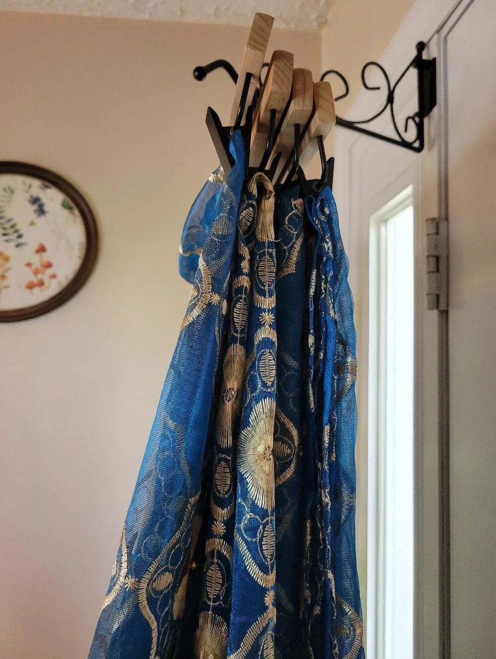 Moroccon Blue & Gold Embroidered Sheer Fabric Set Of 4 Curtain Panels 50×82